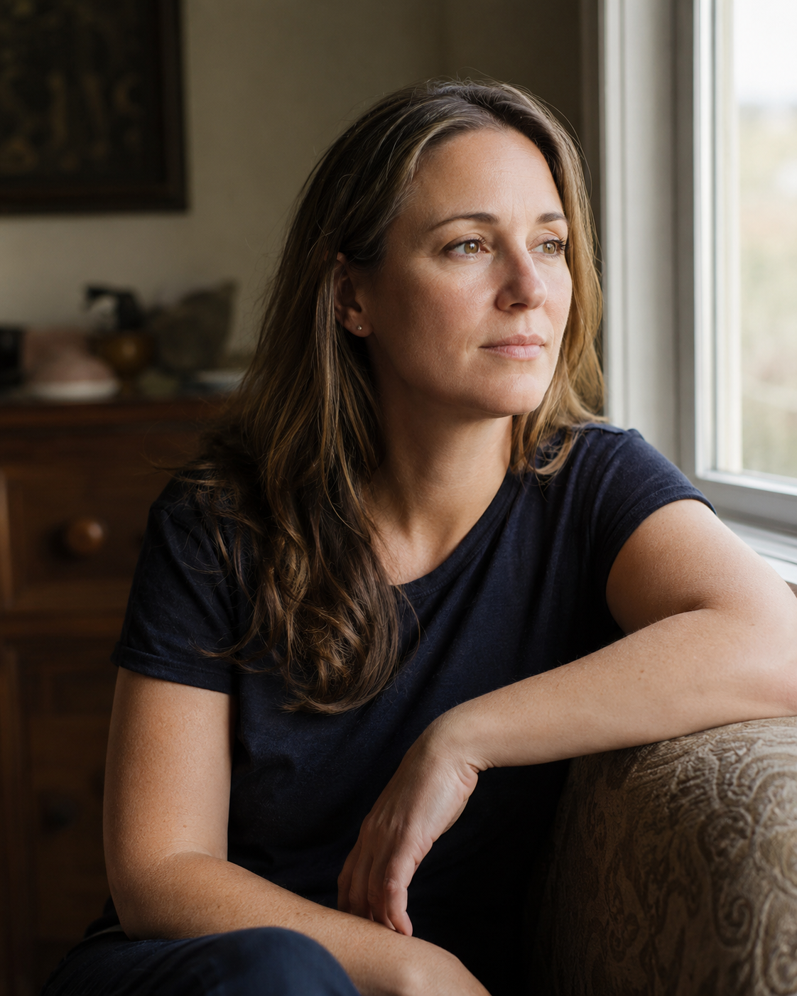 A woman sitting near a window in soft natural light, looking out thoughtfully, representing identity and life transition therapy for women seeking supportive therapy in Plano