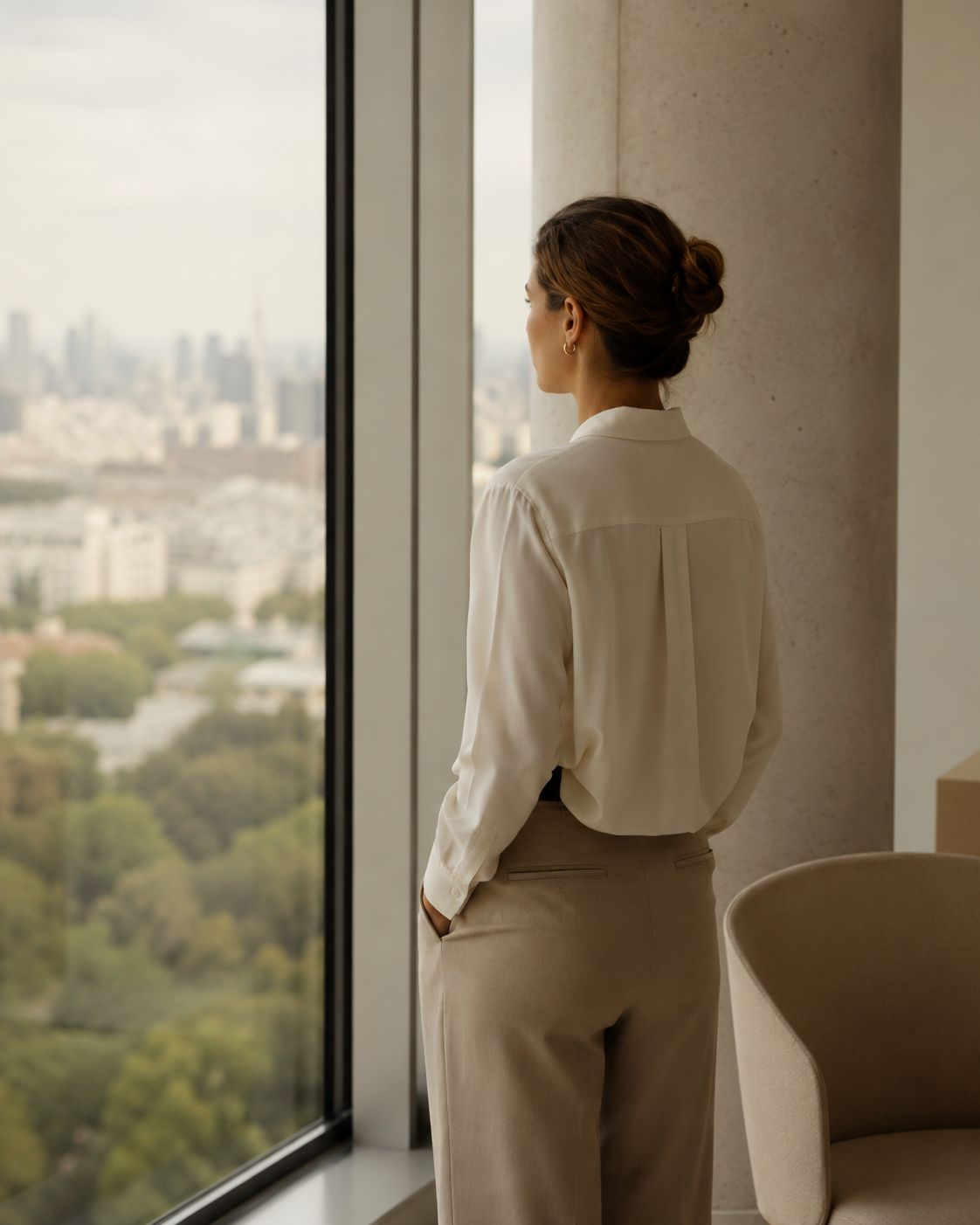 A high-achieving professional standing alone at a window in quiet reflection, representing the loneliness that therapy for high achievers in Plano can help address
