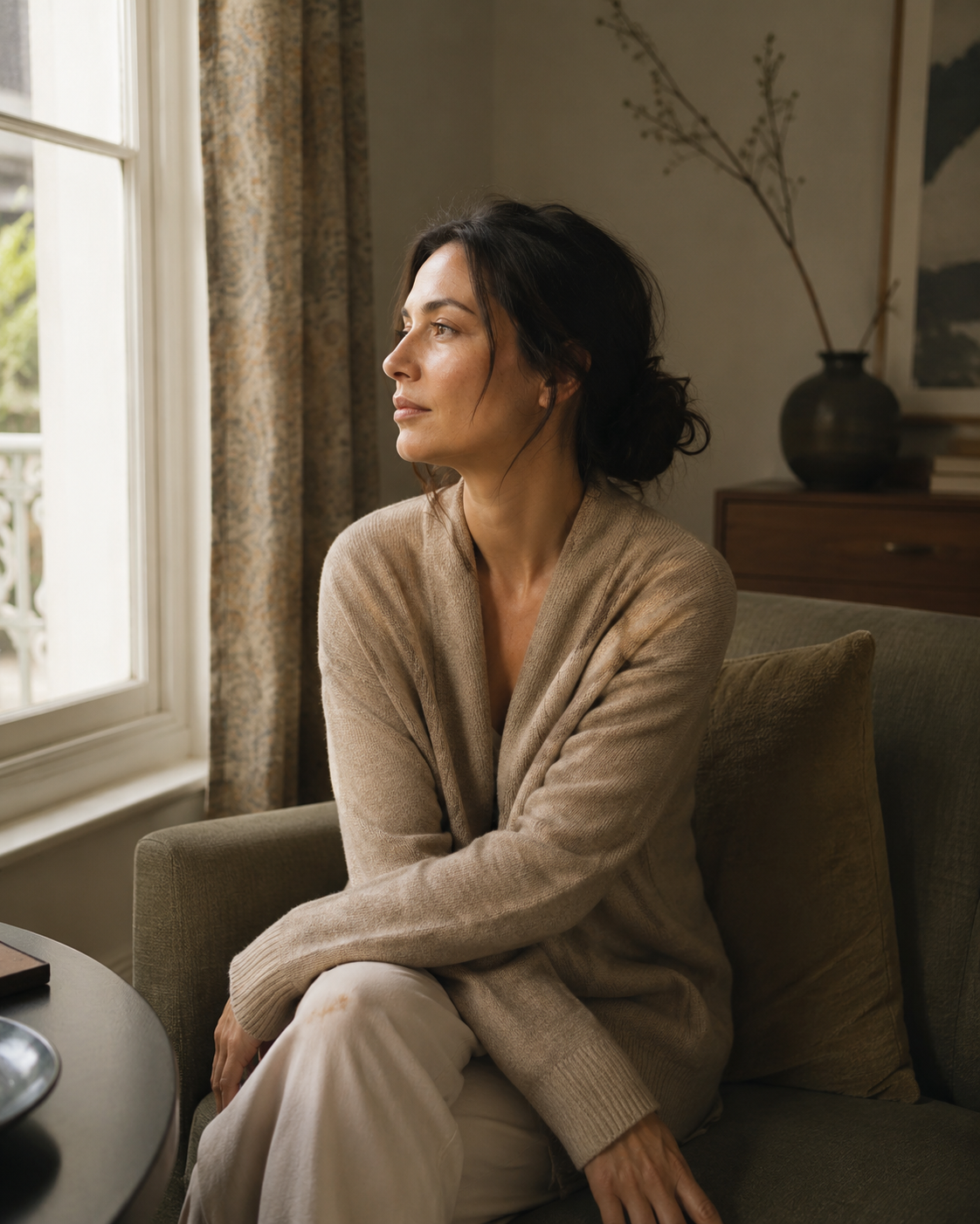 Woman sitting quietly by a window at home, reflecting during the empty nest transition, representing empty nest therapy Plano