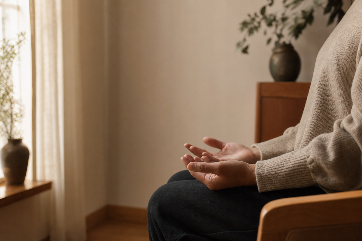 Person sitting quietly near a window, reflecting, representing the experience of nervous system reactions addressed in EMDR therapy Plano