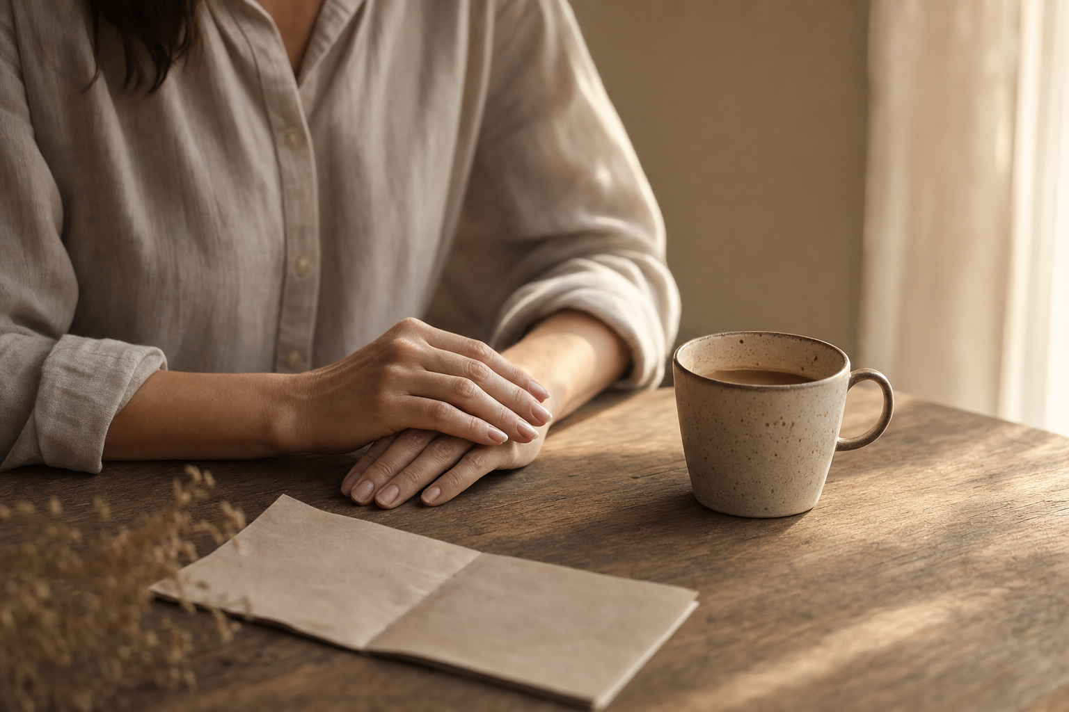 A woman's hands resting at a kitchen table, reflecting the quiet weight of midlife caregiving and the kind of moment that brings someone to therapy for caregivers in Plano.